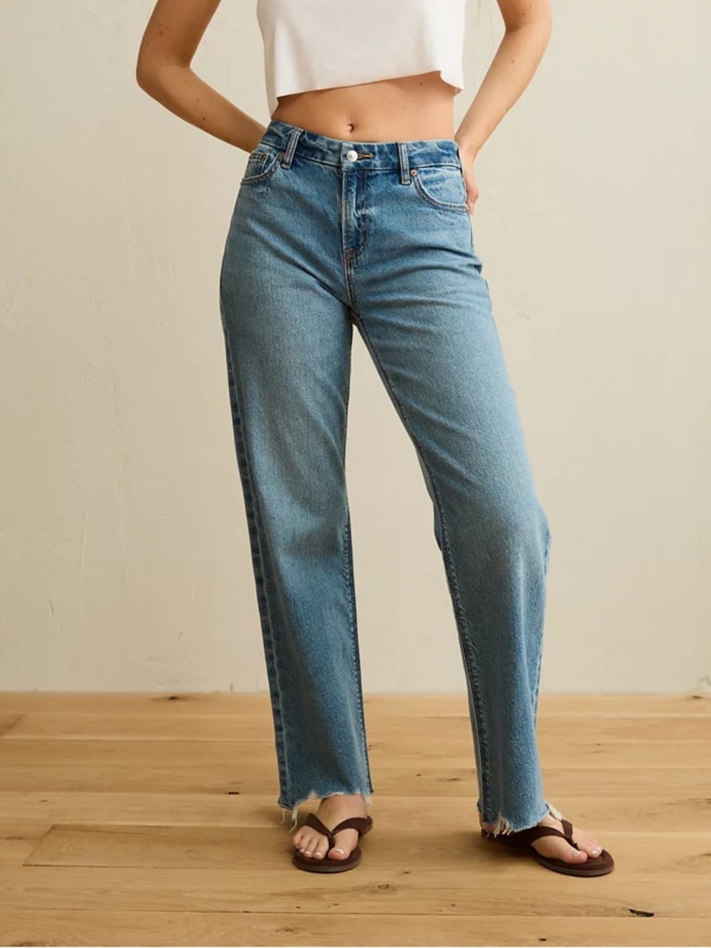 American Eagle Curvy High Rise Stovepipe Medium Wash Cut Off Jeans